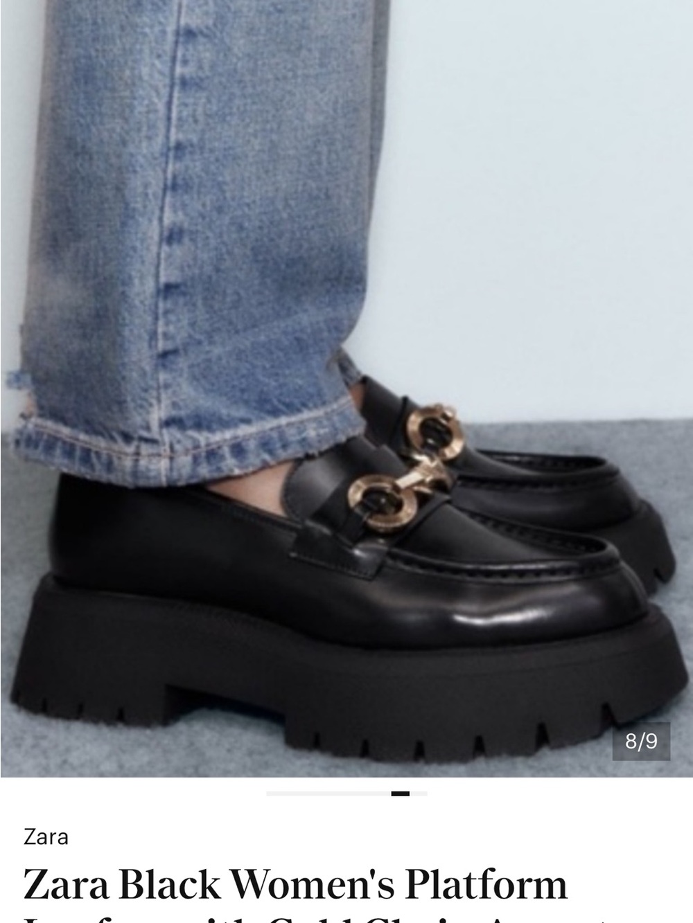 Zara Black Platform Loafers with Gold Chain Detail
